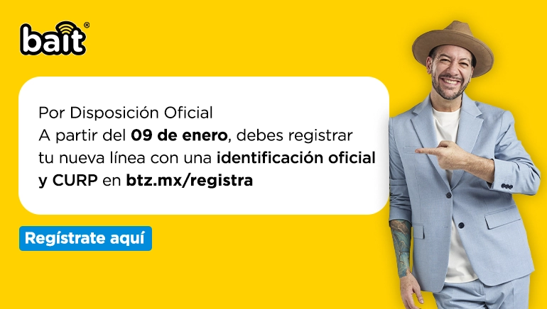 Imagen Bait. Por Disposición Oficial a partir del 09 de enero, debes registrar tu nueva línea con una identificación oficial y CURP en btz.m